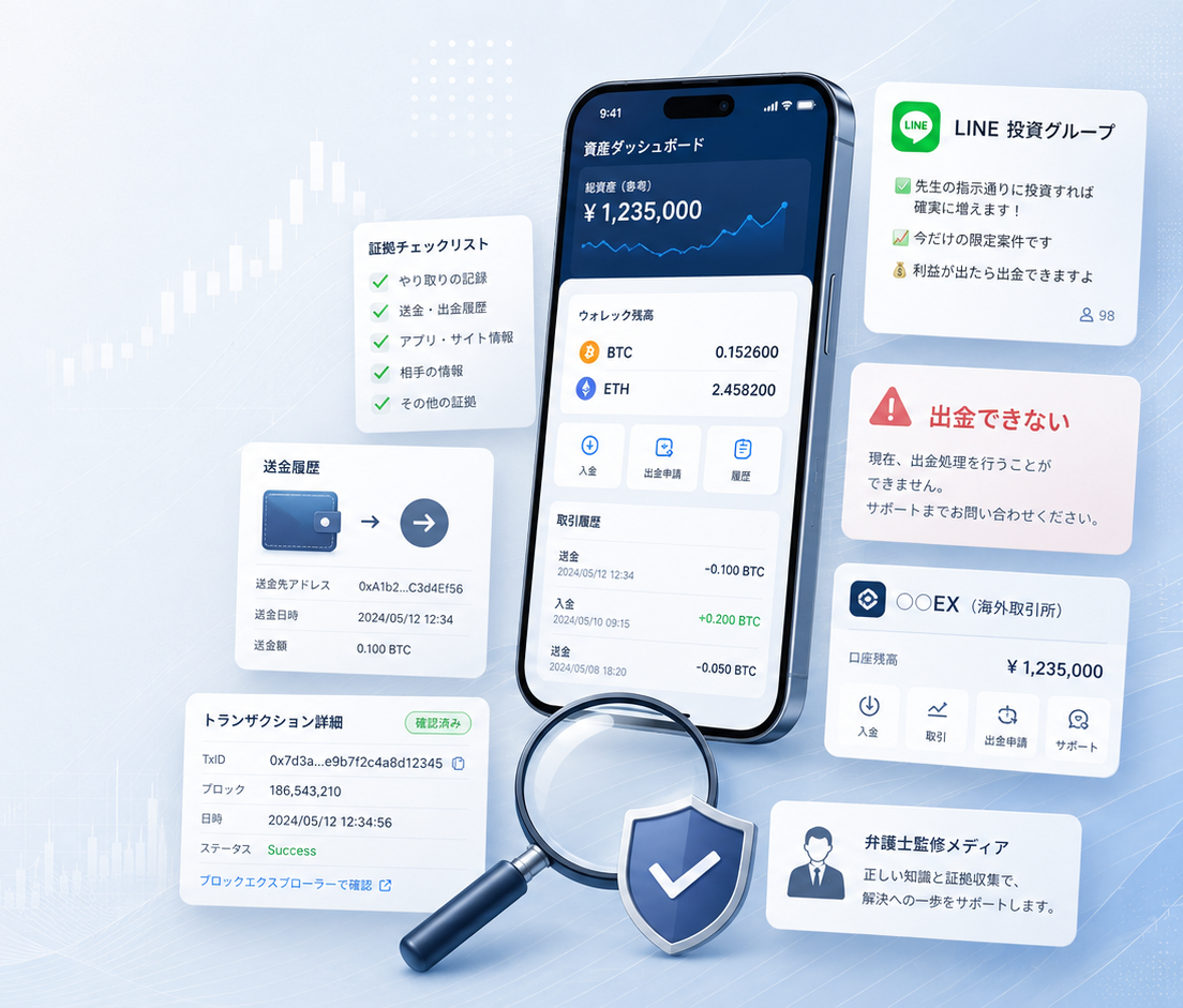 投資アプリ風UI・証拠チェックリスト・送金履歴・TxID・出金できないカード・LINE投資グループカード・盾と虫眼鏡のイメージ
